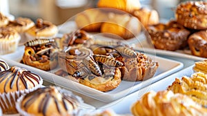 Assorted Pastries with Edible Insects. An array of delicious pastries and confections with chocolate shavings and edible