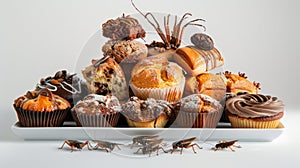 Assorted Pastries with Edible Insects. An array of delicious pastries and confections with chocolate shavings and edible
