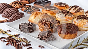 Assorted Pastries with Edible Insects. An array of delicious pastries and confections with chocolate shavings and edible