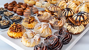 Assorted Pastries with Edible Insects. An array of delicious pastries and confections with chocolate shavings and edible