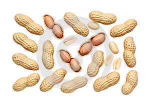 Assorted peanuts and peanut shells on a white background