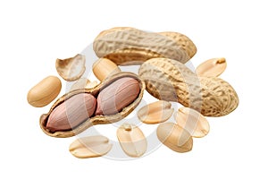 Assorted peanuts with shells and without shells on white background
