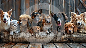 Assorted pets, with dogs and a cat, lounging on a log and displaying camaraderie photo