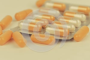 Assorted pharmaceutical medicine pills and capsules. Pills background. Heap of assorted various medicine tablets and