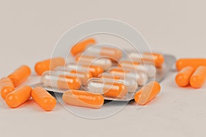 Assorted pharmaceutical medicine pills and capsules. Pills background. Heap of assorted various medicine tablets and