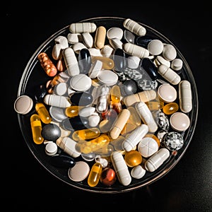 Assorted pharmaceutical medicine pills, tablets and capsules over black background.. Generated AI