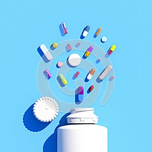 Assorted pharmaceutical medicine pills, tablets, capsules. White medicine bottle. Copy space for text on a blue background