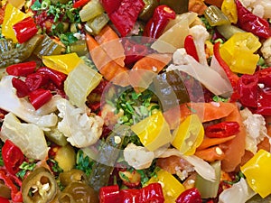 Assorted pickled vegetables displayed at medina souks in Morocco