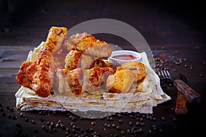 Assorted pieces of fried chicken. Grill dishes for the restaurant menu. Wooden background.