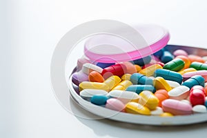 Assorted Pills on Table, Colorful Medications for Various Conditions, Stethoscope with pile of colorful antibiotic capsule pills