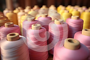 Assorted pink and yellow thread spools in a textile factory