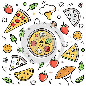 Assorted pizza and food illustrations