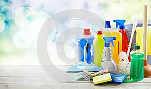 Assorted of plastic bottles with cleaning supplies photo