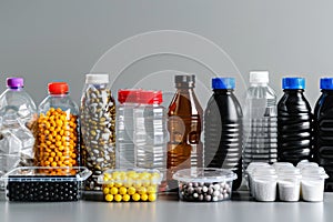 Assorted plastic packaging products, featuring bottles, containers, and wrappers in a neat arrangement. AI generated.