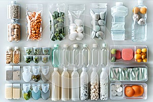 Assorted plastic packaging products, featuring bottles, containers, and wrappers in a neat arrangement. AI generated.