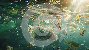 Plastic Pollution in Ocean Depths. AI generated photo
