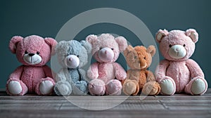 Assorted plush toys on a gray background. Studio photography of stuffed animals