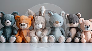 Assorted plush toys on a gray background. Studio photography of stuffed animals