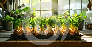 Assorted potted bulbous plants seedlings under sunlight on a wooden table by the window. Planting and growing spring young