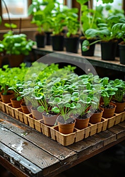 Assorted potted various vegetables seedlings, yong flowers and herbs in sunlight on a wooden table beside a window. Planting and