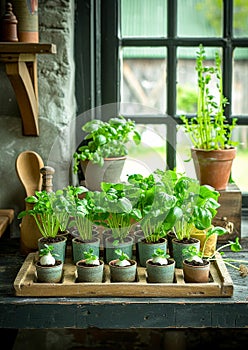 Assorted potted various vegetables seedlings, yong flowers and herbs in sunlight on a wooden table beside a window. Planting and