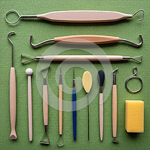 Assorted pottery carving tools arranged on a green textured surface
