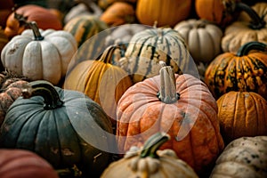 Assorted pumpkins and gourds at a fall harvest festival