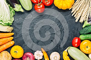 Assorted raw organic fresh vegetables on black stone background. Fresh garden vegetarian food. Autumn seasonal frame of farmer