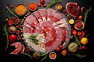 Assorted raw steaks artfully arranged with vibrant spices and herbs. Top view