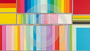 Assorted rectangular sheets of colored paper arranged in a grid pattern