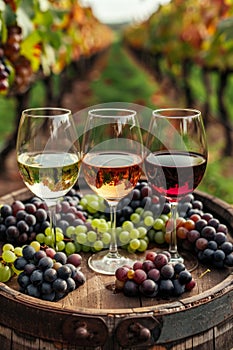 Assorted red, white, and rose wines tastefully arranged on wooden barrel in scenic vineyard backdrop