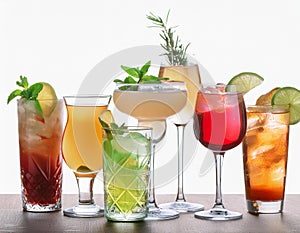 Assorted refreshing cocktails in various glasses isolated on white