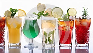 Assorted refreshing cocktails in various glasses isolated on white