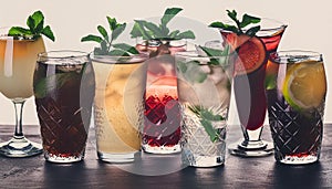 Assorted refreshing cocktails in various glasses isolated on white