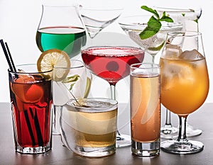 Assorted refreshing cocktails in various glasses isolated on white