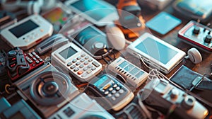 Assorted retro and modern electronic gadgets on display