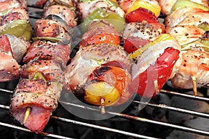 Assorted Roasted Meat with Vegetable On Barbecue Flaming Grill