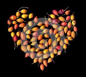 Assorted rose hips on a black background in the form of a heart