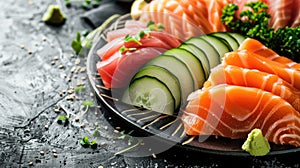Assorted sashimi platter with salmon, tuna, and garnish. Japanese cuisine