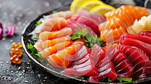 Assorted sashimi platter with salmon, tuna, and garnish. Japanese cuisine