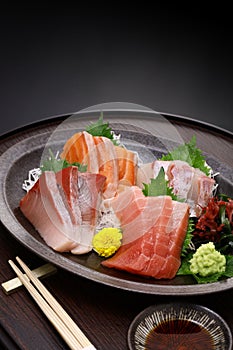 assorted sashimi tuna(medium fatty), salmon, yellowtail, and sea bream. authentic Japanese dining.