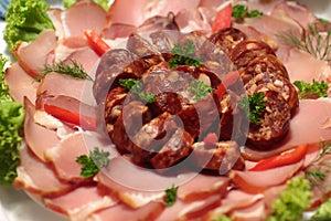Assorted sausages and meat photo