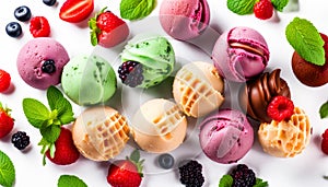 Assorted of scoops ice cream. Top view of colorful set of ice cream of different flavours with mint