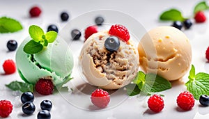 Assorted of scoops ice cream. Top view of colorful set of ice cream of different flavours with mint