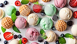 Assorted of scoops ice cream. Top view of colorful set of ice cream of different flavours with mint