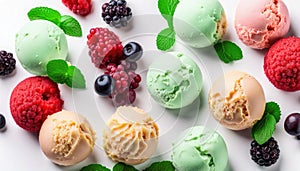 Assorted of scoops ice cream. Top view of colorful set of ice cream of different flavours with mint