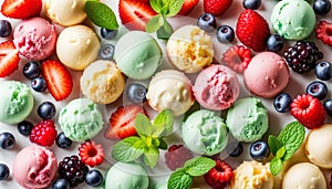 Assorted of scoops ice cream. Top view of colorful set of ice cream of different flavours with mint