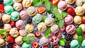 Assorted of scoops ice cream. Top view of colorful set of ice cream of different flavours with mint