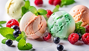 Assorted of scoops ice cream. Top view of colorful set of ice cream of different flavours with mint