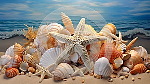 Assorted Seashells and Starfish Arranged on Sand